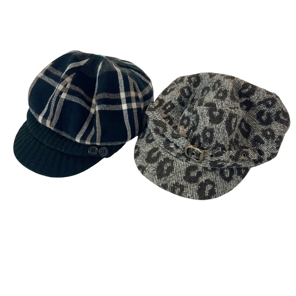 D&Y Newsboy Cabbie Hat Lot 2 Plaid Leopard Print Vintage Y2K Baker Boy Slouchy